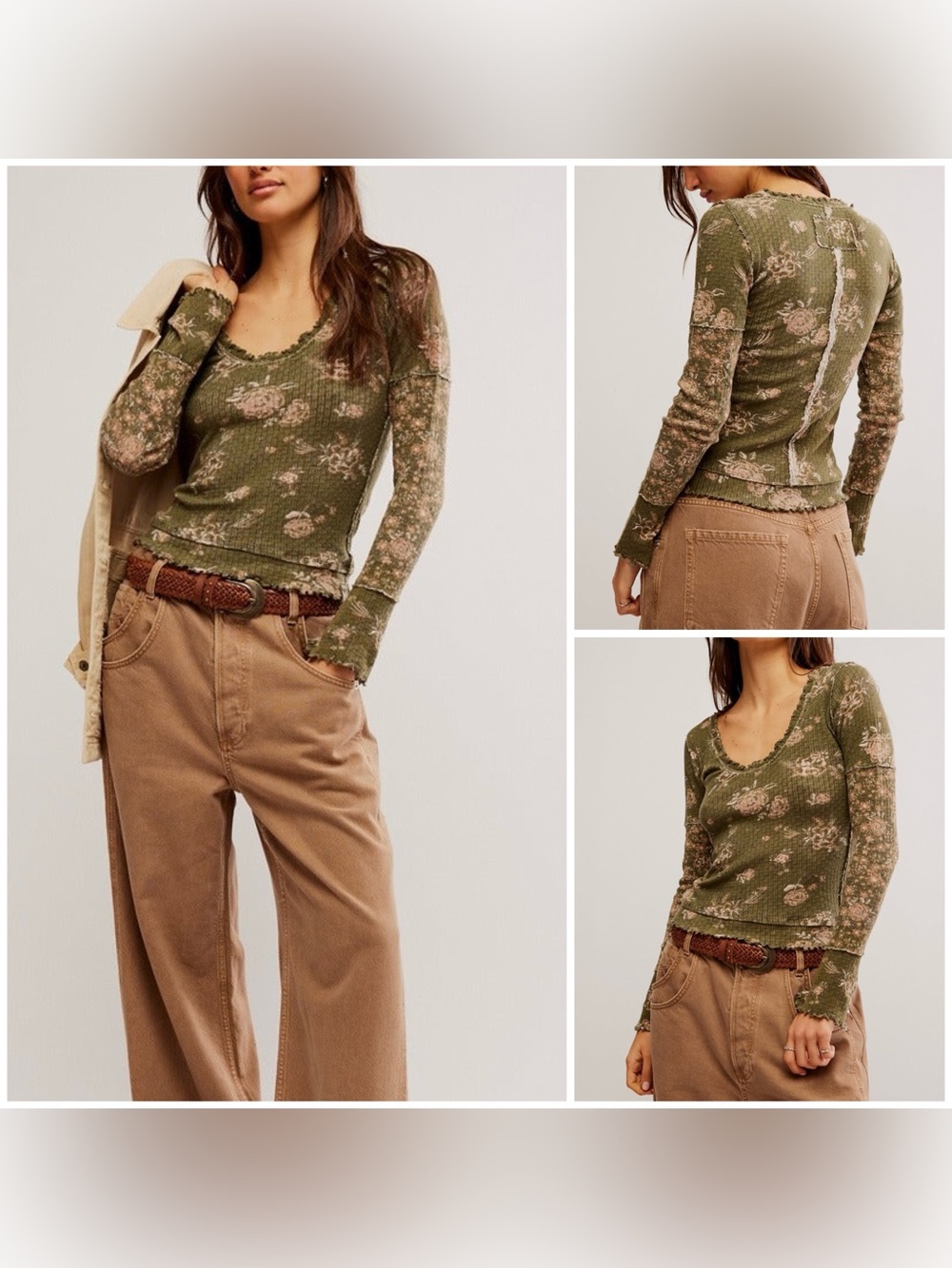 NWOT Free People We The Free Clover Printed Thermal - Army combo - Small